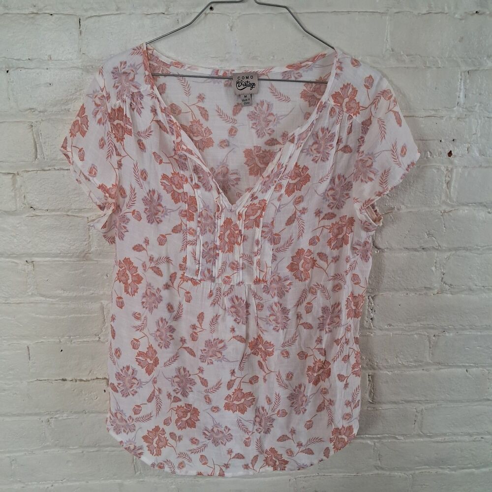 Como Vintage Womens Size M Light & Airy Orange Cream Floral Blouse Semi Sheer